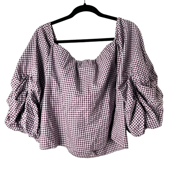 Petersyn Women's Red and Blue Plaid Print Off-The-Shoulder Blouse EUC SZS - Picture 3 of 8